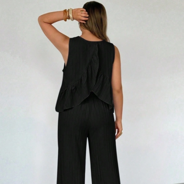 Casual Elegant Comfortable Black Plaid Checkered Sleeveless Pullover Ruffle Hem Loose Pockets Elastic Waist Wide Leg Pants Plus Size Set 3