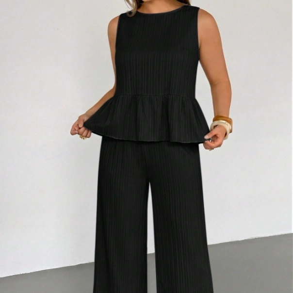 Casual Elegant Comfortable Black Plaid Checkered Sleeveless Pullover Ruffle Hem Loose Pockets Elastic Waist Wide Leg Pants Plus Size Set 4