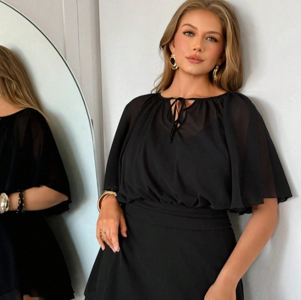 Plus Size Black Summer Elegant Dinner Dress For Women,Front Tie Ruched Flare Sleeve Loose Umbrella Mini Dress,Casual Vacation Office Wedding Outfits 4