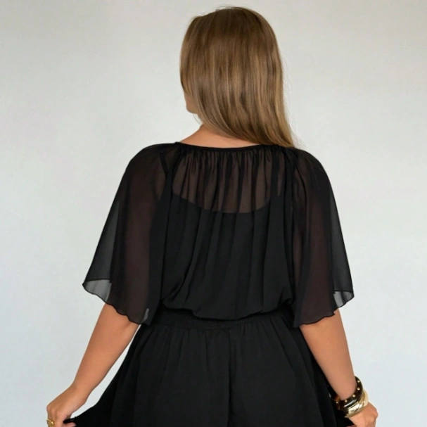Plus Size Black Summer Elegant Dinner Dress For Women,Front Tie Ruched Flare Sleeve Loose Umbrella Mini Dress,Casual Vacation Office Wedding Outfits 3