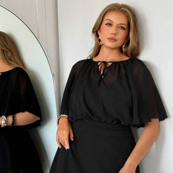 Plus Size Black Summer Elegant Dinner Dress For Women,Front Tie Ruched Flare Sleeve Loose Umbrella Mini Dress,Casual Vacation Office Wedding Outfits 1