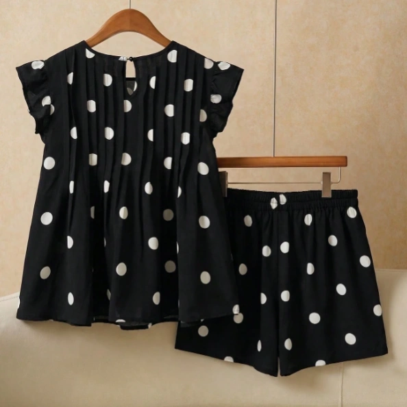 Plus Size Women Polka Dot Print Ruffle Blouse And Casual 90s Shorts 2 Pieces Set Girls Summer Outfit Sets Dots Clothes Girl Vacation Black And White 4