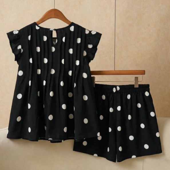 Plus Size Women Polka Dot Print Ruffle Blouse And Casual 90s Shorts 2 Pieces Set Girls Summer Outfit Sets Dots Clothes Girl Vacation Black And White 2