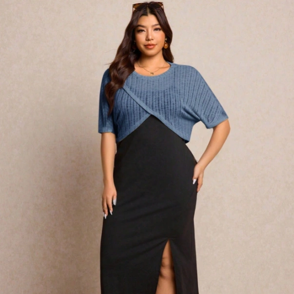 Plus Size Women Solid Color Round Neck Top And Slit Design Skirt Casual Daily 2-Piece Set Formal Vacation Light Blue Black Summer 4