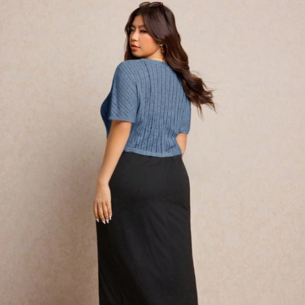 Plus Size Women Solid Color Round Neck Top And Slit Design Skirt Casual Daily 2-Piece Set Formal Vacation Light Blue Black Summer 2