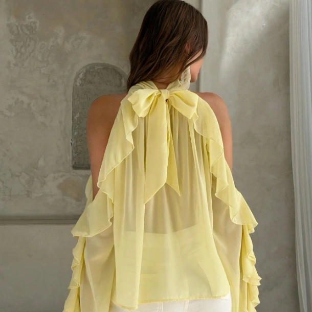 Ruffled Cold Shoulder Flare Sleeve Back Tie Shirt, Lightweight Boho Top 2
