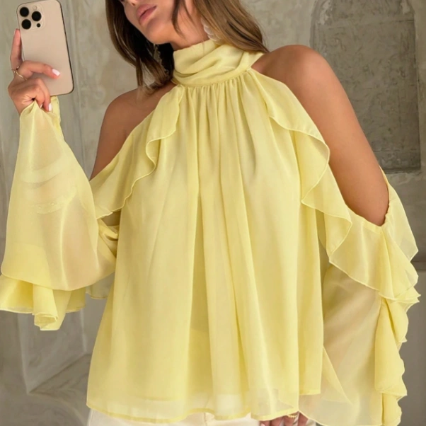 Ruffled Cold Shoulder Flare Sleeve Back Tie Shirt, Lightweight Boho Top 4