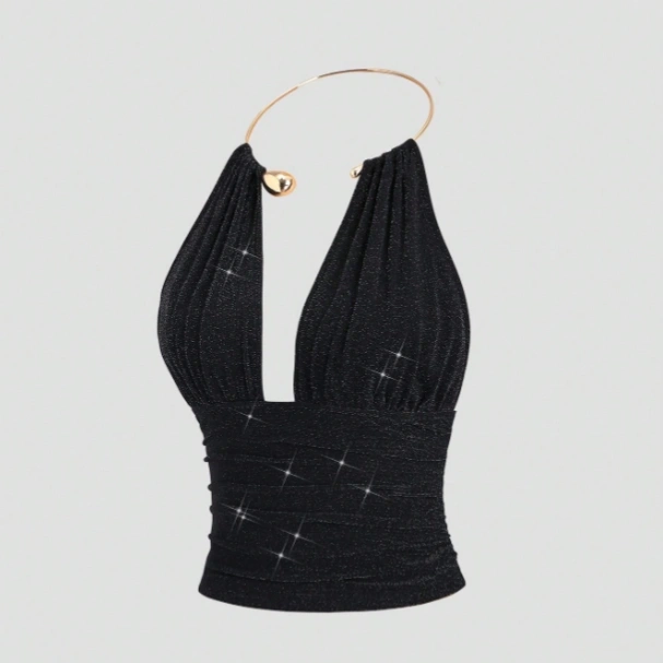 Backless Pleated Metallic Fabric Choker Neck Sleeveless Top 1