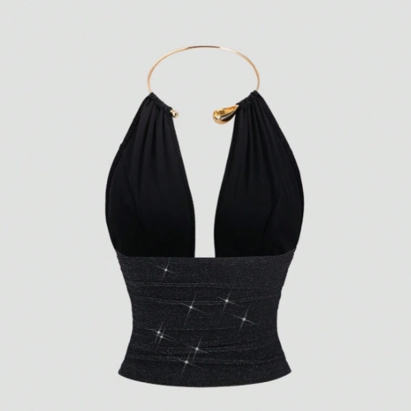 Backless Pleated Metallic Fabric Choker Neck Sleeveless Top 2