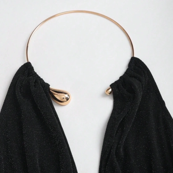 Backless Pleated Metallic Fabric Choker Neck Sleeveless Top 3