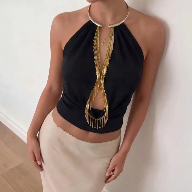 Halter Backless Deep V Neck Solid Color Knit Fabric Tassel Metal Button Top 3