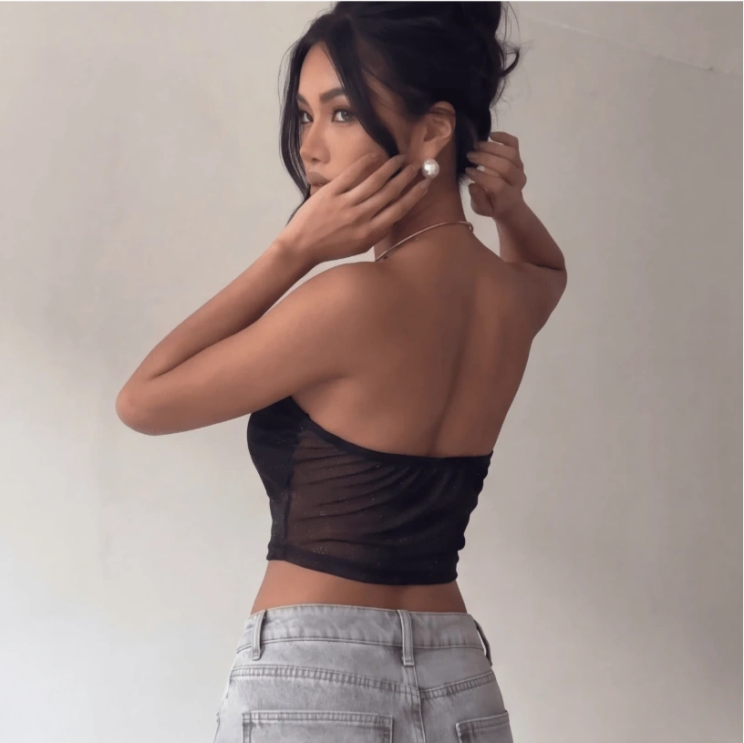 Halter Backless Deep V Neck Solid Color Knit Fabric Tassel Metal Button Top 2
