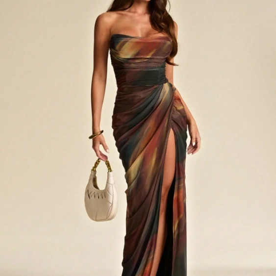 Floral Print Strapless Slim Fit High Slit Ruched Maxi Mesh Dress 1