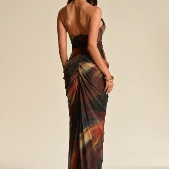 Floral Print Strapless Slim Fit High Slit Ruched Maxi Mesh Dress 2