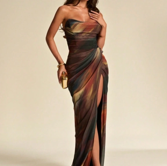 Floral Print Strapless Slim Fit High Slit Ruched Maxi Mesh Dress 4