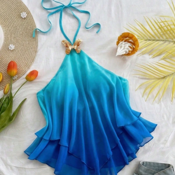 Summer Vacation Butterfly Metal Decor Ombre Backless Halter Top 1