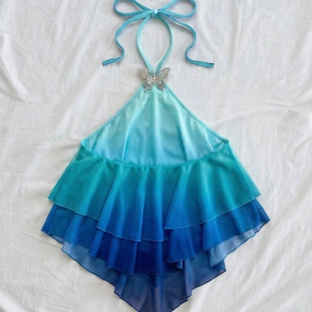 Summer Vacation Butterfly Metal Decor Ombre Backless Halter Top 2
