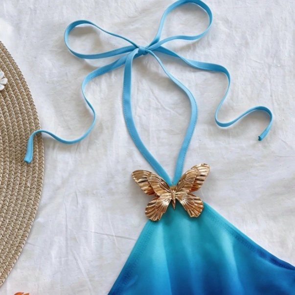 Summer Vacation Butterfly Metal Decor Ombre Backless Halter Top 3