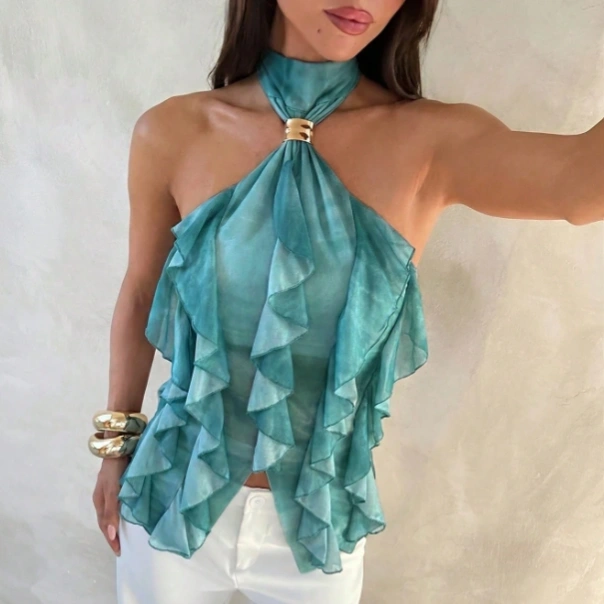 Elegant Multi-Layer Ruffle Trim Stand Collar Fitted Tank Top 3