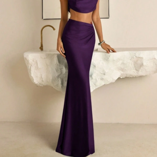 2pcs Elegant Green Elastic Knit Wide Padded Plunging Neckline Mermaid Maxi Skirt Set 4