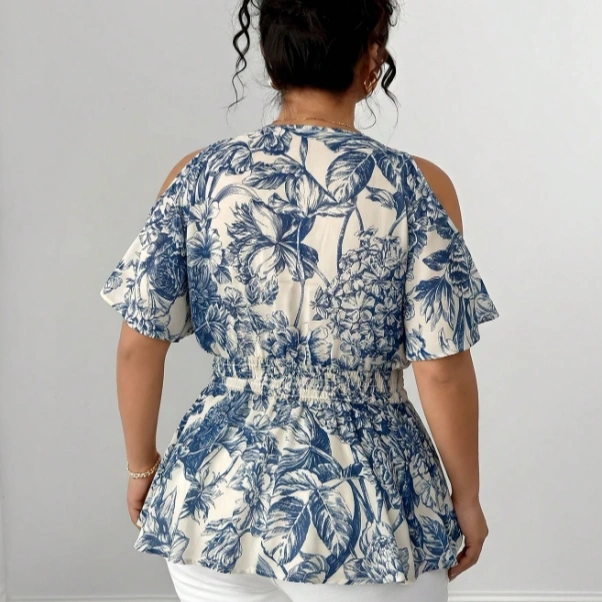 Chiffon Open Shoulder Ruffle Hem Short Sleeve Shirred Blouse 2