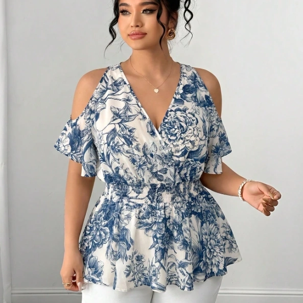 Chiffon Open Shoulder Ruffle Hem Short Sleeve Shirred Blouse 3