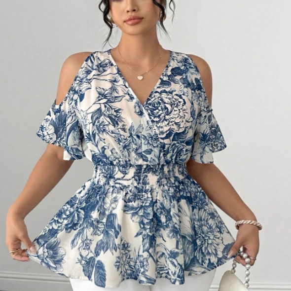 Chiffon Open Shoulder Ruffle Hem Short Sleeve Shirred Blouse 4
