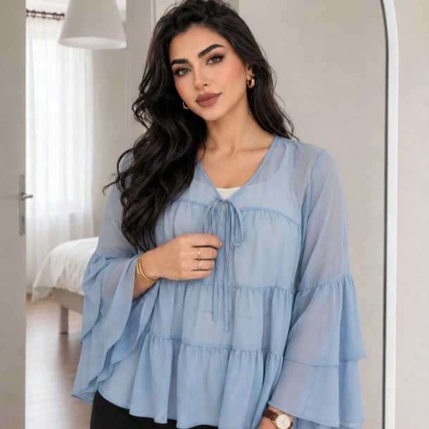 Plus Size Women's Solid Color Front Tie Bell Sleeve Loose Doll Blouse Fall 1