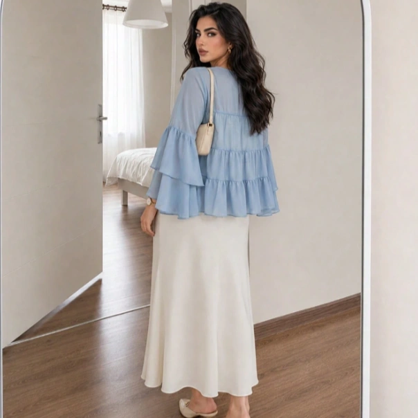 Plus Size Women's Solid Color Front Tie Bell Sleeve Loose Doll Blouse Fall 2