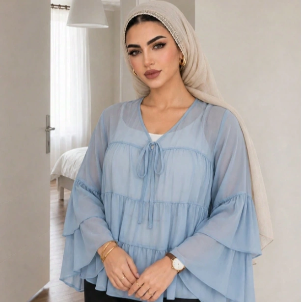 Plus Size Women's Solid Color Front Tie Bell Sleeve Loose Doll Blouse Fall 3