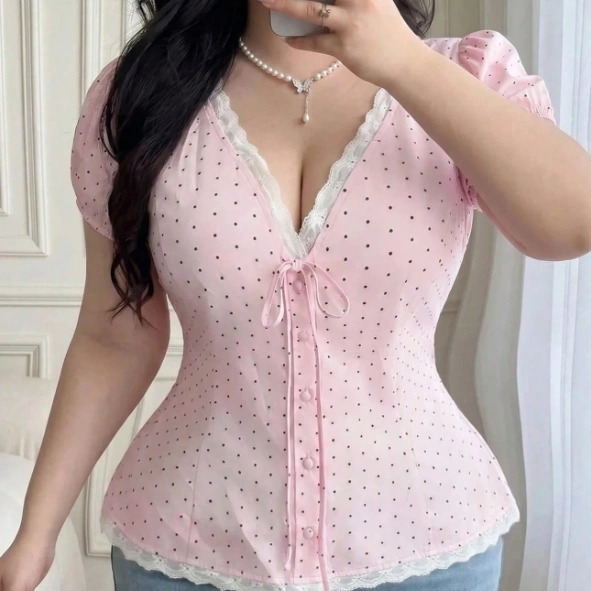 Pink Polka Dot Sexy Hot Girl Style Lace Trim V-Neck Puff Sleeve Top 1
