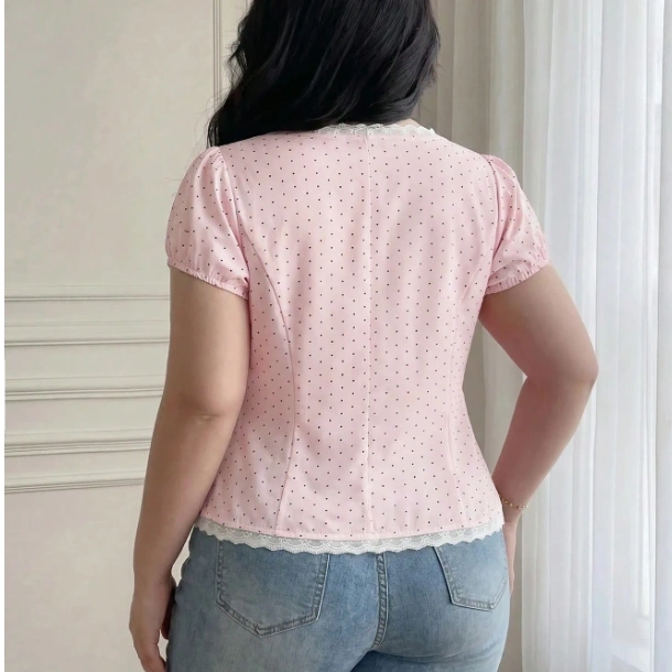 Pink Polka Dot Sexy Hot Girl Style Lace Trim V-Neck Puff Sleeve Top 2