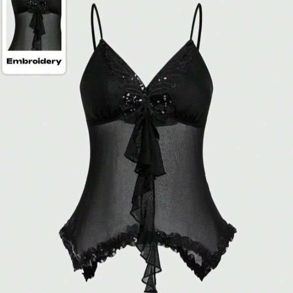 Elegant Sexy Mesh Patchwork Sequin 3D Butterfly Decor Camisole Top 1