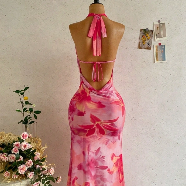 Halter Tie-Up Patchwork Cup Metallic Floral Plunging Dress 2