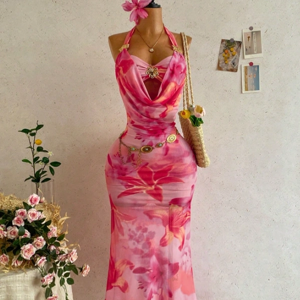 Halter Tie-Up Patchwork Cup Metallic Floral Plunging Dress 3