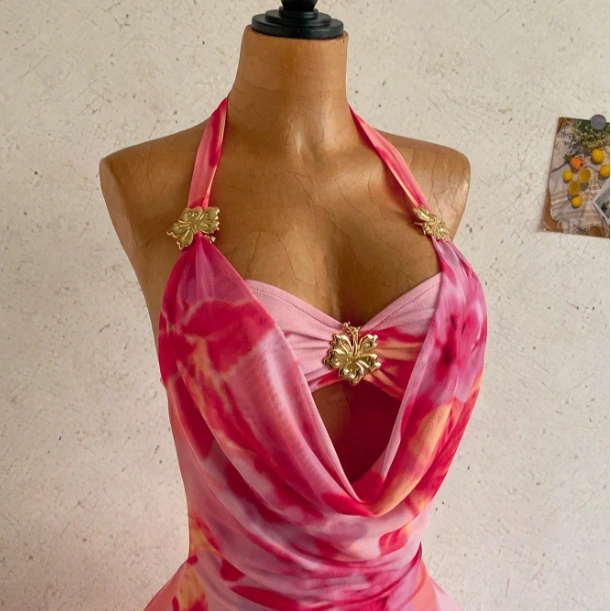 Halter Tie-Up Patchwork Cup Metallic Floral Plunging Dress 4