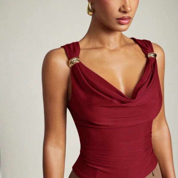 Casual Office Ruched Shoulder With Gold Decor Cowl Neck Top 1