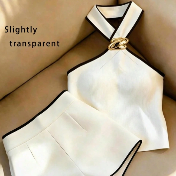 Black White Color Block Halter Top And High Waist Shorts Set 1