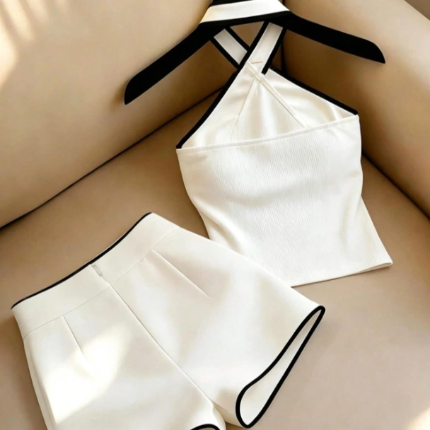 Black White Color Block Halter Top And High Waist Shorts Set 2
