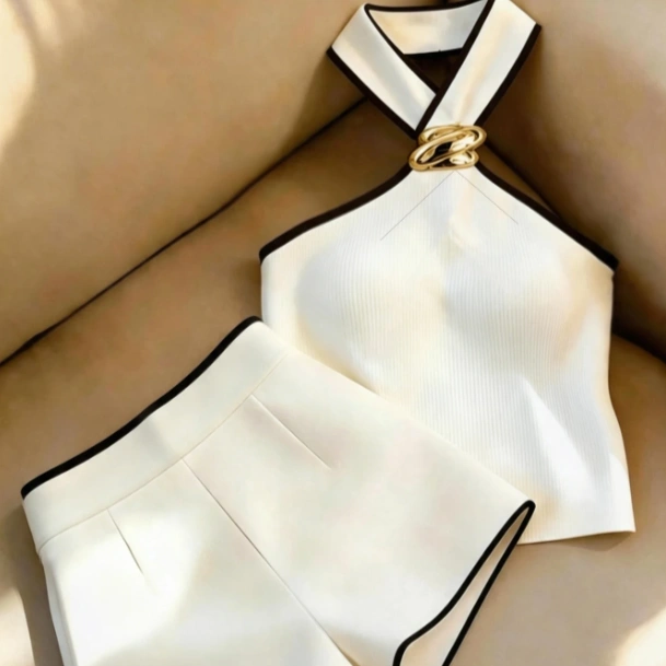 Black White Color Block Halter Top And High Waist Shorts Set 4