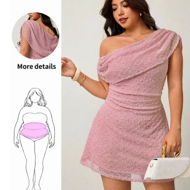 Elegant Irregular Shoulder Short-Sleeved Pleated Knit Dress 1