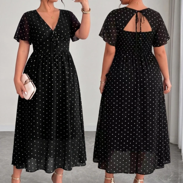Plus Size Chiffon Patchwork Shirred Polka Dot Print Backless Dress 1