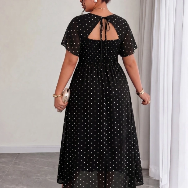 Plus Size Chiffon Patchwork Shirred Polka Dot Print Backless Dress 2