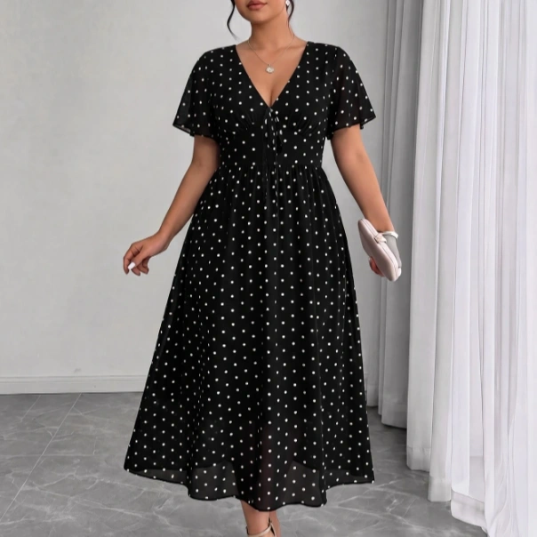 Plus Size Chiffon Patchwork Shirred Polka Dot Print Backless Dress 3