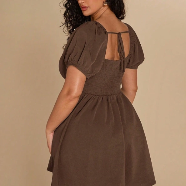 Brown Flared Dress, Square Neck Puff Sleeve Cocktail Dress 2