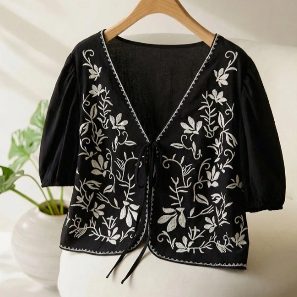 Plus Size Casual Retro Embroidered Puff Sleeve Tie Front Shirt 1