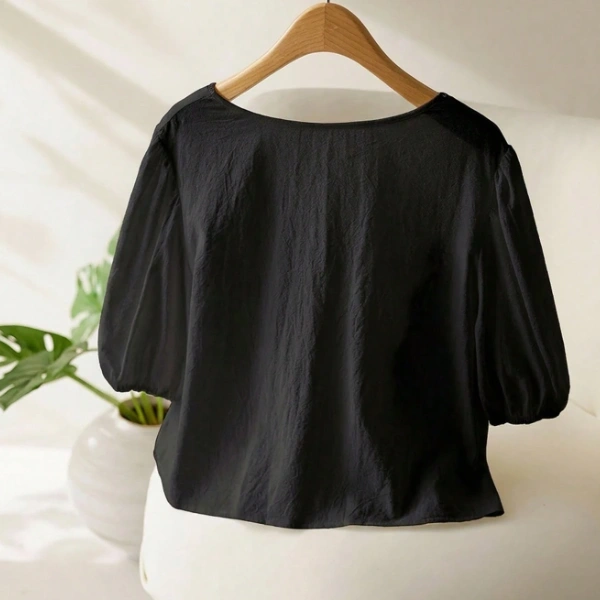Plus Size Casual Retro Embroidered Puff Sleeve Tie Front Shirt 2