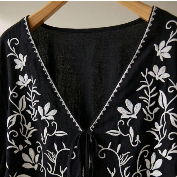 Plus Size Casual Retro Embroidered Puff Sleeve Tie Front Shirt 4