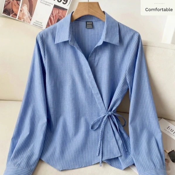 Blue And White Stripe Long Sleeve Side Waist Tie Casual French Elegant Shirt 1