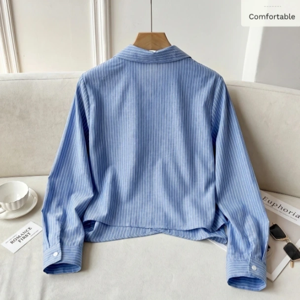Blue And White Stripe Long Sleeve Side Waist Tie Casual French Elegant Shirt 2